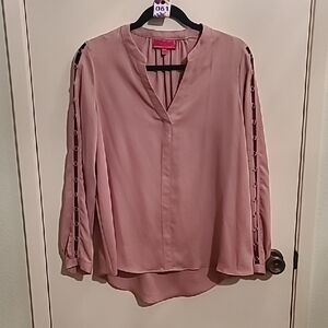 Jennifer Lopez Pink Relaxed Cut Out Blouse with Mandarin Collar